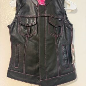 Black Leather Vest with Pink Stitching